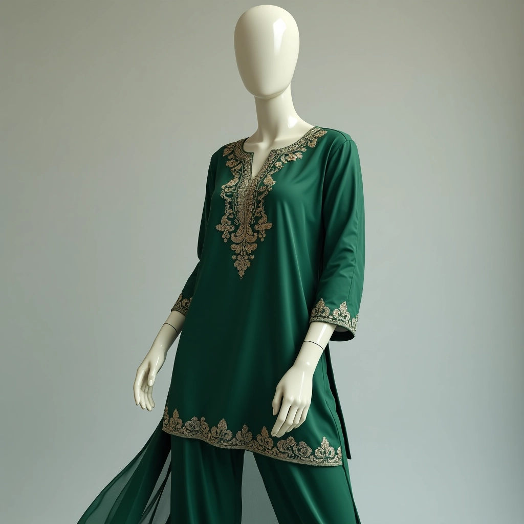 a mannequin wearing a green shalwar kameez ethnic wear